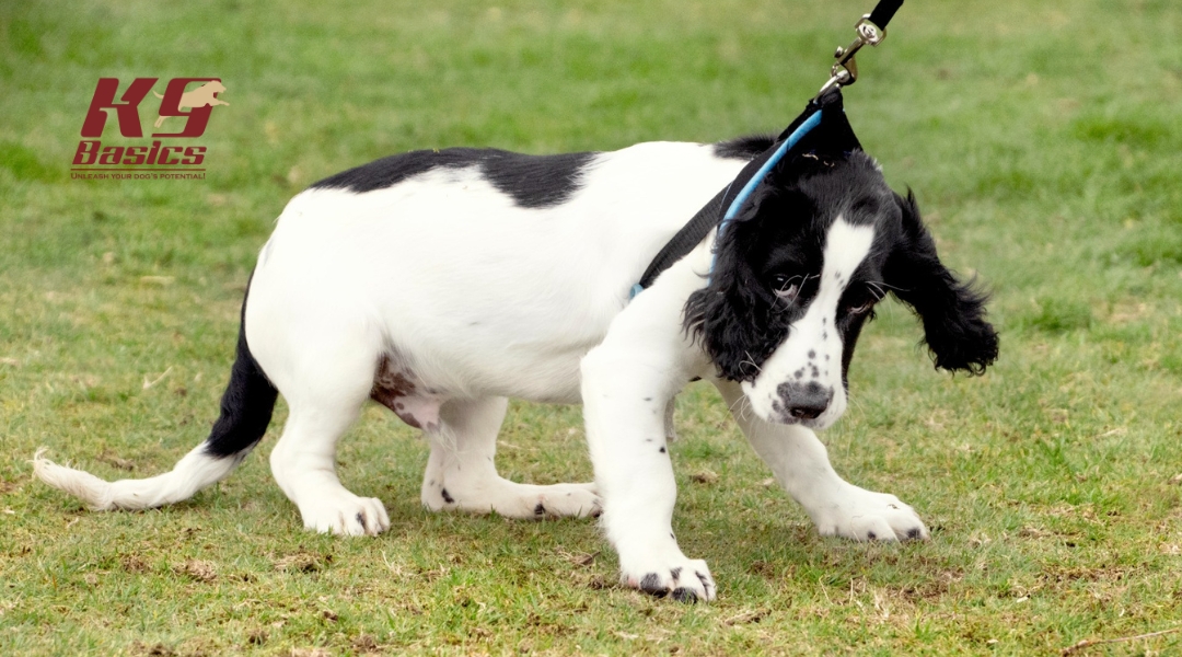 A black and white puppy crouches low with visible hesitation while on a blue leash in a grassy area. The dog appears nervous and resistant to walking.