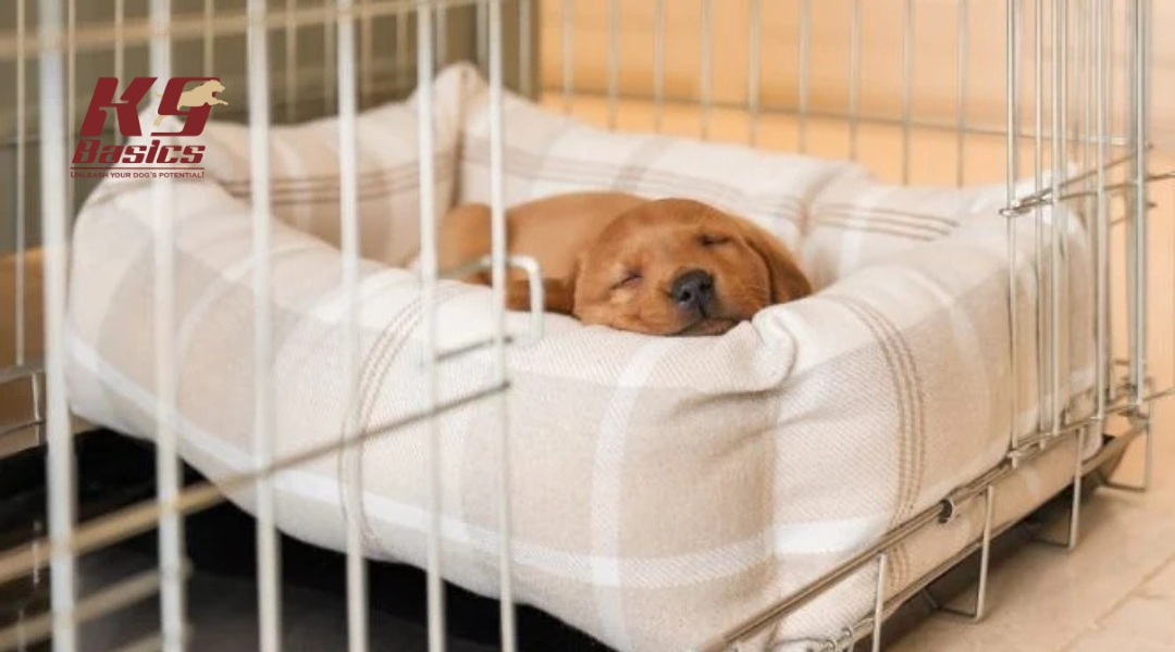 Golden puppy snoozing in a soft, plaid bed inside a crate, showing how a dedicated rest zone supports a puppy sleep routine.