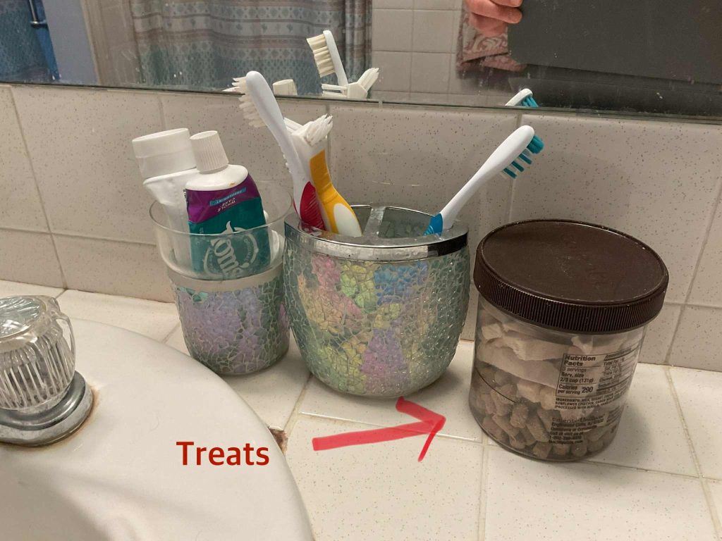 Container holding dog treats next to glasses holding toothbrushes and toothpaste, next to a kitchen sink. A red arrow points to the container and says