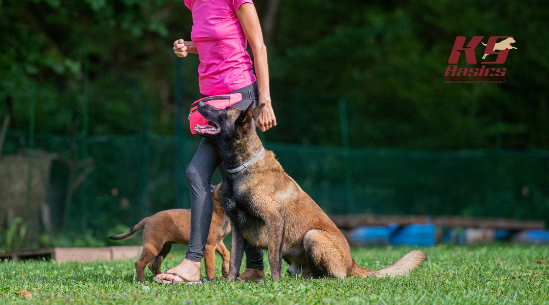 A woman in a pink shirt trains two dogs in a grassy area, focusing on teaching them obedience.
