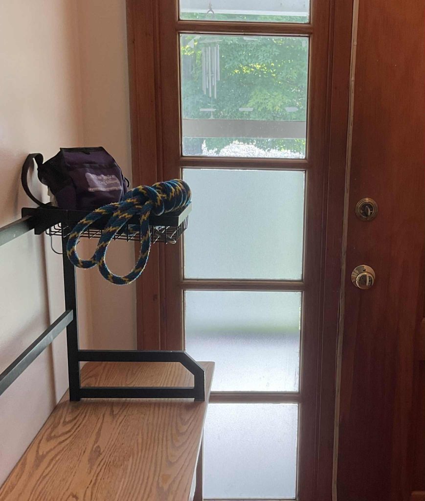 Metal basket holding purple treat pouch and blue-and-yellow rope leash next to wood front door with window panels.